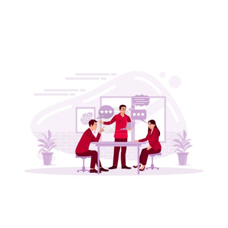 Illustration for Mentor leader talking to co-workers and negotiating in the meeting room. Concept of corporate meetings, brainstorming, team discussion, conversation, and business communication. Trend Modern vector flat illustration - Royalty Free Image