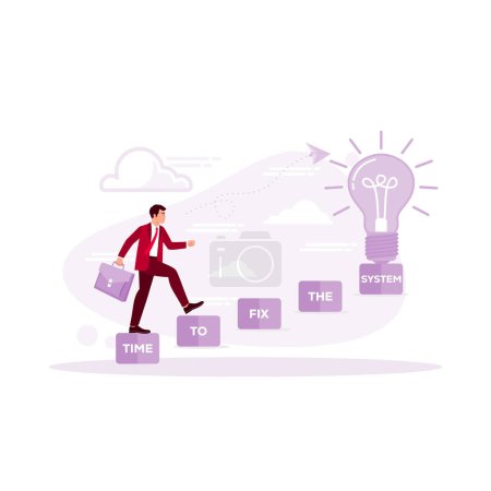 Illustration for Businessman icon. Effort and time to fix the system concept. a businessman walks on a beam that says time to fix the system. Trend Modern vector flat illustration - Royalty Free Image