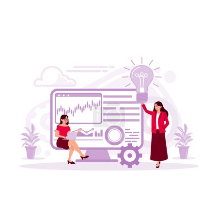 Illustration for Two young businesswomen discussing with new startup project idea presentation, Financial analytics, and Business Analysis illustration, Management symbol. Trend Modern vector flat illustration - Royalty Free Image
