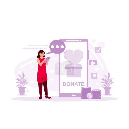 Illustration for Online donation concept. Hand holding mobile phone to donate. Donate money through online payments. Trend Modern vector flat illustration - Royalty Free Image