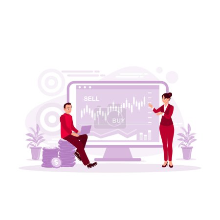 Illustration for Investment concept to sell or buy a company. A woman and a man presenting graphs of financial investments. Trend Modern vector flat illustration - Royalty Free Image