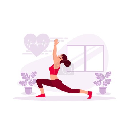 Illustration for Healthy young woman doing yoga pilates exercise. Physical activity for relaxation of body and mind, healthy lifestyle habits concept. Trend Modern vector flat illustration - Royalty Free Image