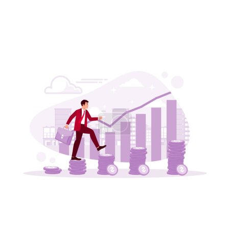 Illustration for Businessman walking on coins piled into the ladder with a graph. Finance, profit, capital banking, and investment concept. Trend Modern vector flat illustration - Royalty Free Image