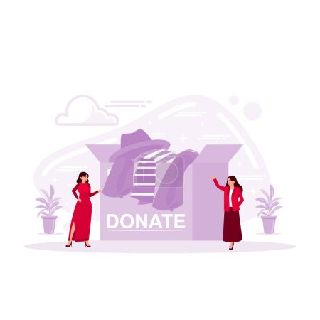 Ilustración de Concepto de donación. Mujer frente a una caja de donaciones llena de ropa. Tendencia Moderno vector ilustración plana - Imagen libre de derechos