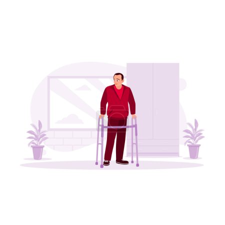 Téléchargez les illustrations : Un vieil homme handicapé apprenait à marcher avec une marchette. Concept d'entraînement à l'activité physique. Tendance Illustration plate vectorielle moderne - en licence libre de droit