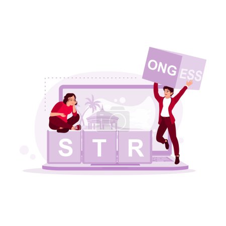 Illustration for Two youths sat down and lifted a block. Change the word stress with the word strong. Trend Modern vector flat illustration - Royalty Free Image