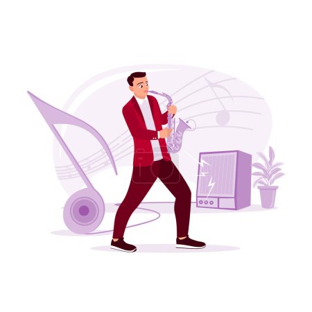Illustration for Young musician playing saxophone on stage with confidence. Trend Modern vector flat illustration - Royalty Free Image