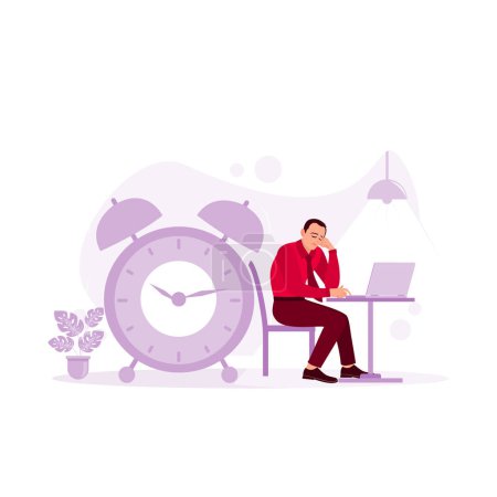 Illustration for The clock shows time with a male employee sitting and working with a laptop, trying to meet the deadline. Trend Modern vector flat illustration - Royalty Free Image