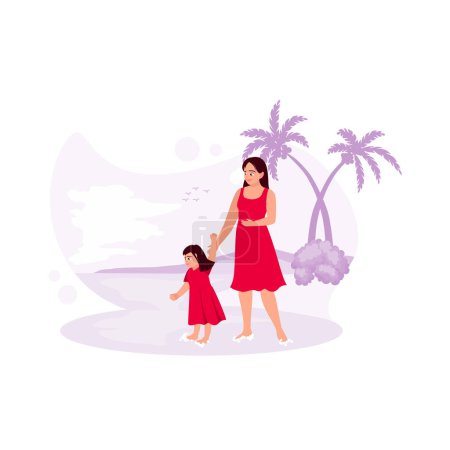 Téléchargez les illustrations : Mère et fille souriaient et jouaient ensemble sur la plage. Tendance Illustration plate vectorielle moderne - en licence libre de droit