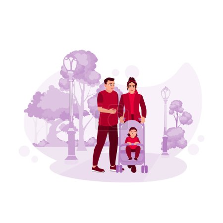 Illustration for Young parents with a baby in a stroller going for a walk outdoors. Trend Modern vector flat illustration - Royalty Free Image