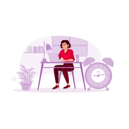 Illustration for Businesswoman is working alone at an office desk late into the night. Trend Modern vector flat illustration - Royalty Free Image