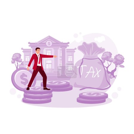 The man stands on a pile of coins, pointing at the tax bag with buildings in the background. Trend Modern vector flat illustration