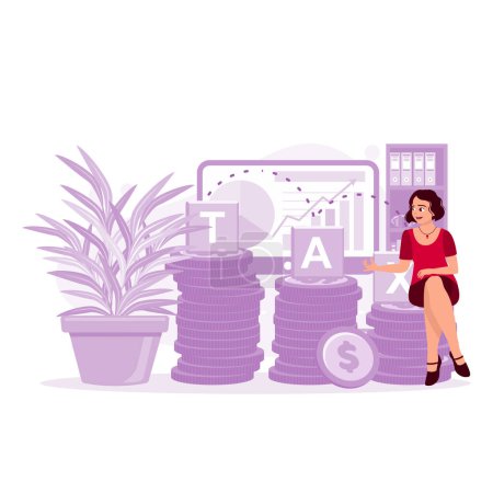 Illustration for Time to pay taxes with the woman sitting on a pile of coins, diagram background, and plant in a pot. Trend Modern vector flat illustration - Royalty Free Image