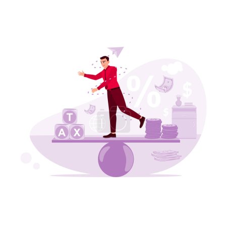 Illustration for Entrepreneurs stand between taxes and income, trying to balance the two. Trend Modern vector flat illustration - Royalty Free Image