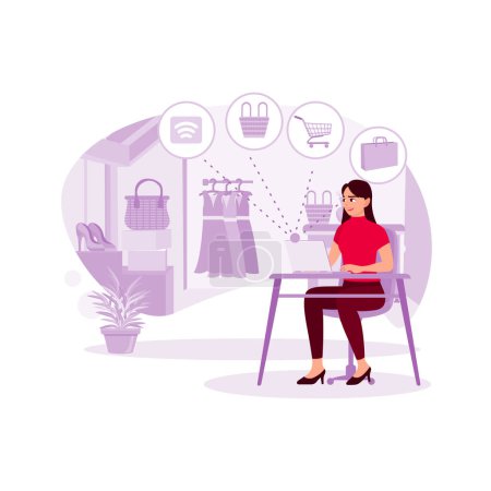 Illustration for Beautiful woman sitting and using the laptop, opening web online clothing store, choosing and buying clothes. Trend Modern vector flat illustration - Royalty Free Image