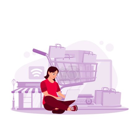 Illustration for Sitting Asian woman opening a laptop in the background of package boxes in trolleys, shops, and shopping bags. Trend Modern vector flat illustration - Royalty Free Image