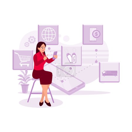 Illustration for Female employee sitting and holding a cell phone, accessing an online retail business omni channel. Trend Modern vector flat illustration - Royalty Free Image