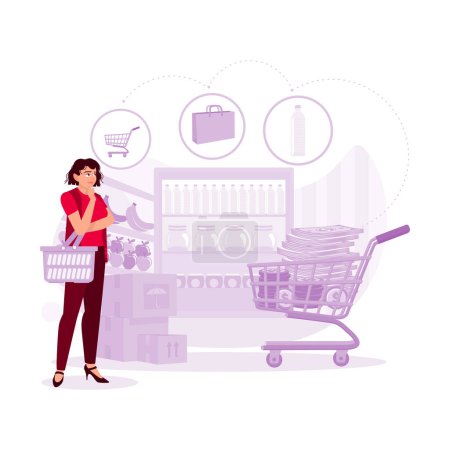 Téléchargez les illustrations : Les jeunes femmes asiatiques magasinent dans les supermarchés, achètent certains produits et vérifient la durée de conservation à l'aide de téléphones mobiles. Tendance Illustration plate vectorielle moderne - en licence libre de droit