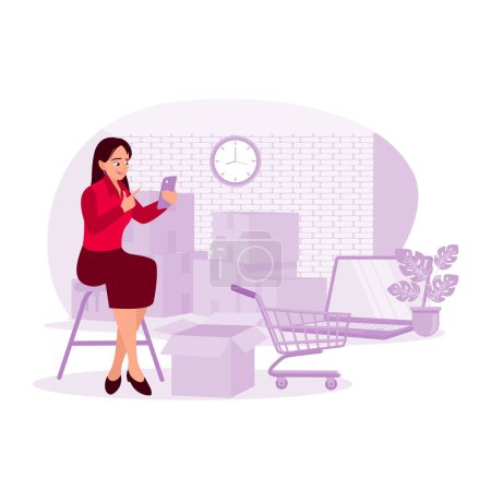 Illustration for Asian female freelancer checking mobile phone and working on laptop, ready to pack orders. SME e-commerce online concept. Trend Modern vector flat illustration - Royalty Free Image