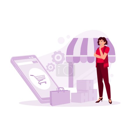 Illustration for Young woman standing on a smartphone background with an online shopping website. Order boxes and shopping bags. Trend Modern vector flat illustration - Royalty Free Image