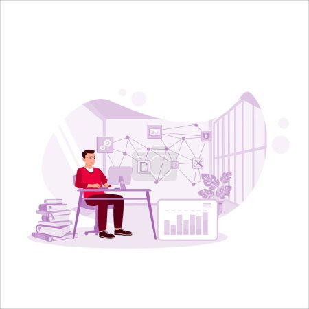 Illustration for System Administration and Machine Learning Engineer Programming at the Workstation. Brain with digital circuits and programmer with artificial intelligence. Trend Modern vector flat illustration - Royalty Free Image