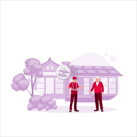 Illustration for Solar panels on the roof of the house. A technician explains the function and how to maintain solar panels to the homeowner. Big modern house and solar energy. Trend Modern vector flat illustration. - Royalty Free Image