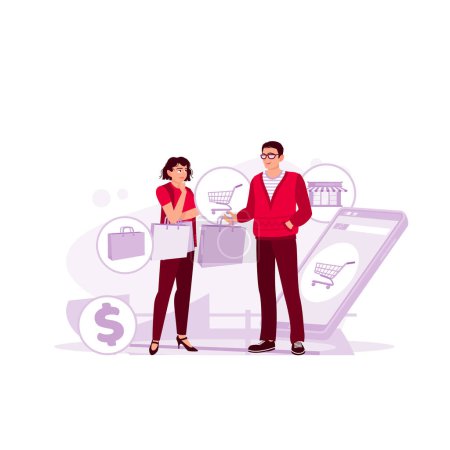 Illustration for A couple is shopping online while holding her cell phone and shopping bags. Customers are happy to use online purchasing applications via smartphones. Trend Modern vector flat illustration. - Royalty Free Image