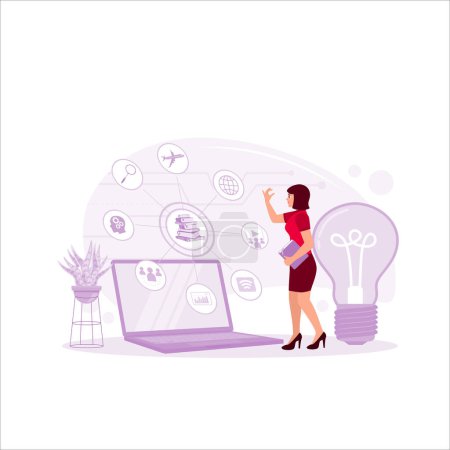 Illustration for E-learning. Innovative online education and internet technology concept. Wireframe hand touch digital interface. Trend Modern vector flat illustration. - Royalty Free Image