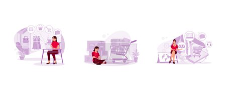 Illustration for A beautiful woman opens an online fashion shop web. Boxes in a trolley and a woman sitting and opening a laptop. Women with glasses and technology omni channel digital retail business. Trend Modern vector flat illustration - Royalty Free Image