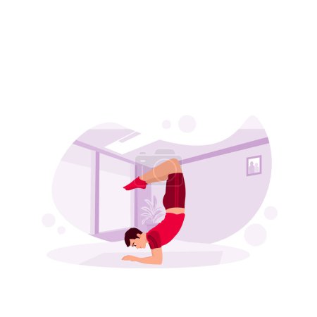 Illustration for Scorpion yoga pose. Experienced man doing scorpion yoga poses in the gym. Fitness training. Trend Modern vector flat illustration - Royalty Free Image