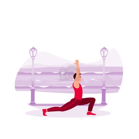 Illustration for A man does yoga outdoors. Cartoon-style people doing yoga, asana pose, standing in Warrior pose. Trend Modern vector flat illustration - Royalty Free Image