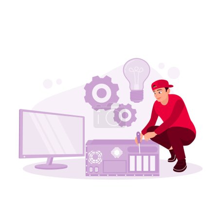 Illustration for The male technician fixes the computer with a screwdriver. Engineering and repair service concept. Trend Modern vector flat illustration. - Royalty Free Image