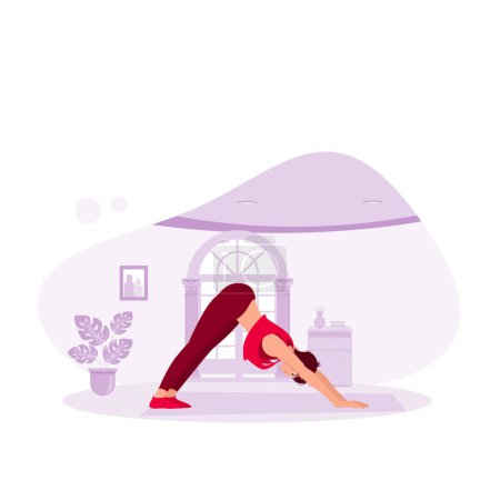 Illustration for Young woman practicing yoga in the house. Meditate and stretch on the mat. Trend Modern vector flat illustration. - Royalty Free Image