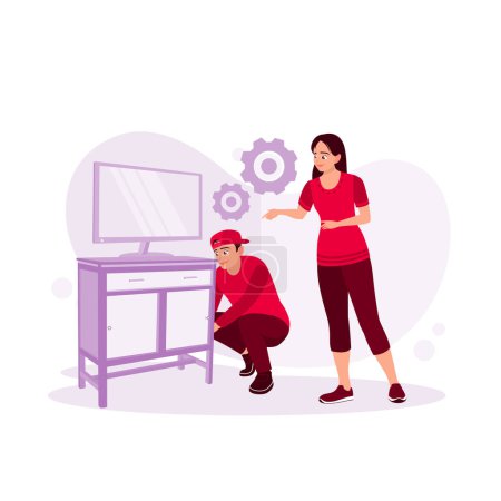 Illustration for A male technician installs and connects a new TV at a female client's home. Service and maintenance concept. Trend Modern vector flat illustration. - Royalty Free Image