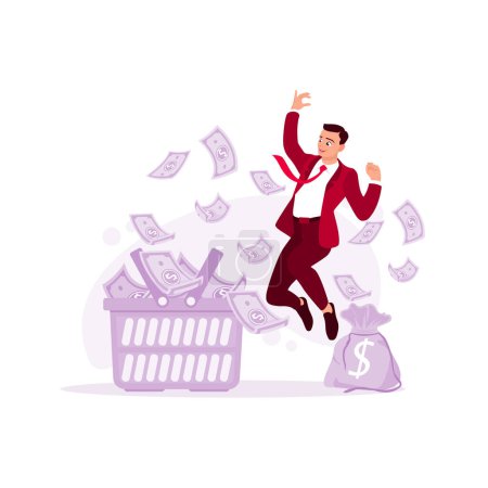Illustration for The concept of business, investment, and passive income. Happy businessman jumping high with money raining. Successful entrepreneurs achieve financial freedom. Trend Modern vector flat illustration - Royalty Free Image