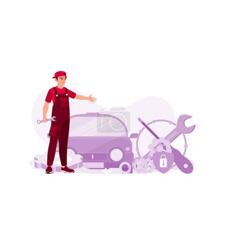 Illustration for A professional male mechanic with overall repairing problems in cars and car engine technicians. Problem solving concept. Trend Modern vector flat illustration. - Royalty Free Image