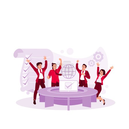 Illustration for Business team celebrating success in collaboration working together, giving high five happily. Trend Modern vector flat illustration - Royalty Free Image