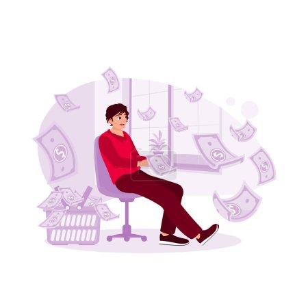 Ilustración de Un hombre de negocios rico está sentado con un montón de billetes de dólar dispersos. Concepto de riqueza y éxito. Concepto de crecimiento de ingresos. Tendencia Moderno vector ilustración plana - Imagen libre de derechos