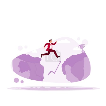 Ilustración de Un hombre de negocios salta sobre un abismo. Determinación y coraje para superar los obstáculos y lograr el éxito empresarial. Tendencia Moderno vector ilustración plana - Imagen libre de derechos