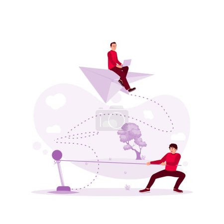 Illustration for A person controls the buttons for a paper airplane that a businessman rides on. New startup launch, business ideas, creativity. Trend Modern vector flat illustration - Royalty Free Image
