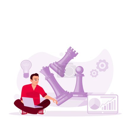 Illustration for Businessman moving chess figures. Business strategy, marketing plan. Strategic move in business concept. Trend Modern vector flat illustration - Royalty Free Image
