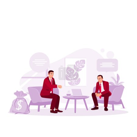 Illustration for Entrepreneurs sit together to solve problems. Bankers tell clients about the bank's services making recommendations and consulting. Trend Modern vector flat illustration - Royalty Free Image
