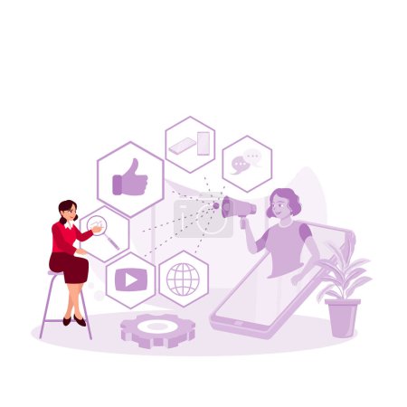Ilustración de Mujer con un megáfono y diferentes iconos para el concepto de Marketing Digital. Tendencia Moderno vector ilustración plana - Imagen libre de derechos