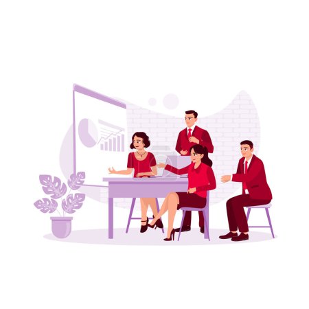 Illustration for Male and female co-workers share opinions, brainstorm, and business people sit together looking at laptops. Trend Modern vector flat illustration - Royalty Free Image