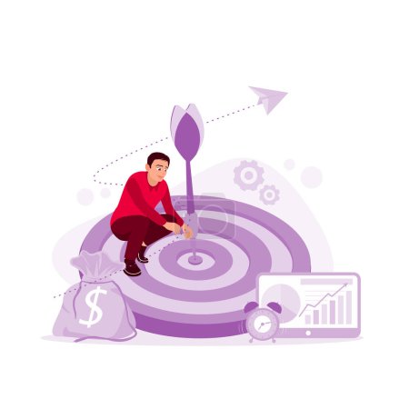 Illustration for Businessman holding an arrow hitting center of the target of the dartboard. Concept of business success. Trend Modern vector flat illustration - Royalty Free Image