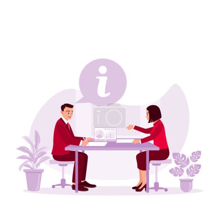 Illustration for Business people use digital tablets to discuss work with colleagues. Happy employees or coworkers cooperate on laptops in the office. Trend Modern vector flat illustration - Royalty Free Image