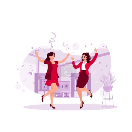 Ilustración de Celebrando la felicidad, dos mujeres saltan felices, lanzando confeti. Tendencia Moderno vector ilustración plana - Imagen libre de derechos