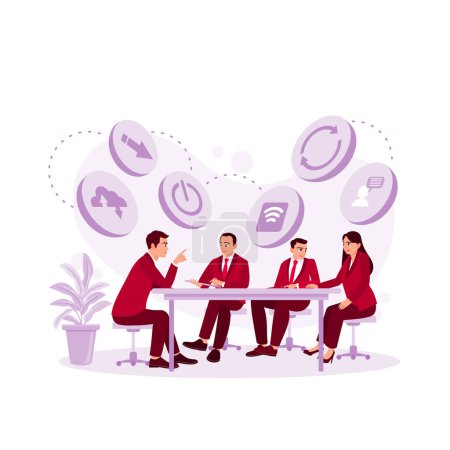 Illustration for The businessman and his colleagues are having a meeting in the office. Digital marketing concept icon symbol. Trend Modern vector flat illustration - Royalty Free Image