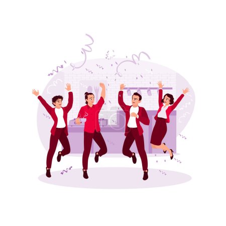 Ilustración de Celebra la fiesta con confeti. Grupo de personas felices festejando y lanzando confeti en la cocina casera. Tendencia Moderno vector ilustración plana - Imagen libre de derechos