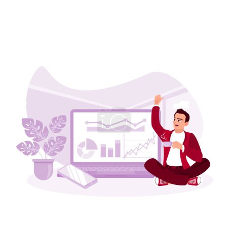 Illustration for The male worker sits beside a big computer showing charts and graphs. Business Accounting Analysis, Statistics Concept. Trend Modern vector flat illustration - Royalty Free Image